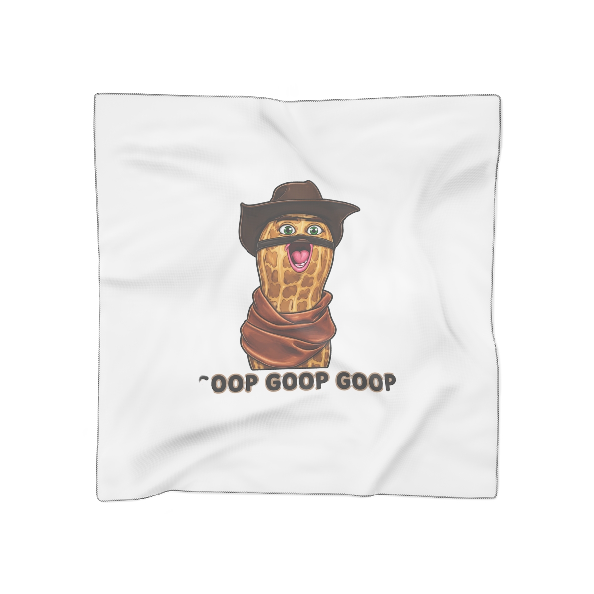 A pale grey Hoodies with a cartoon peanut character wearing a brown cowboy hat and scarf. The peanut has green eyes and an open mouth. The text "GOOP " is printed below the character