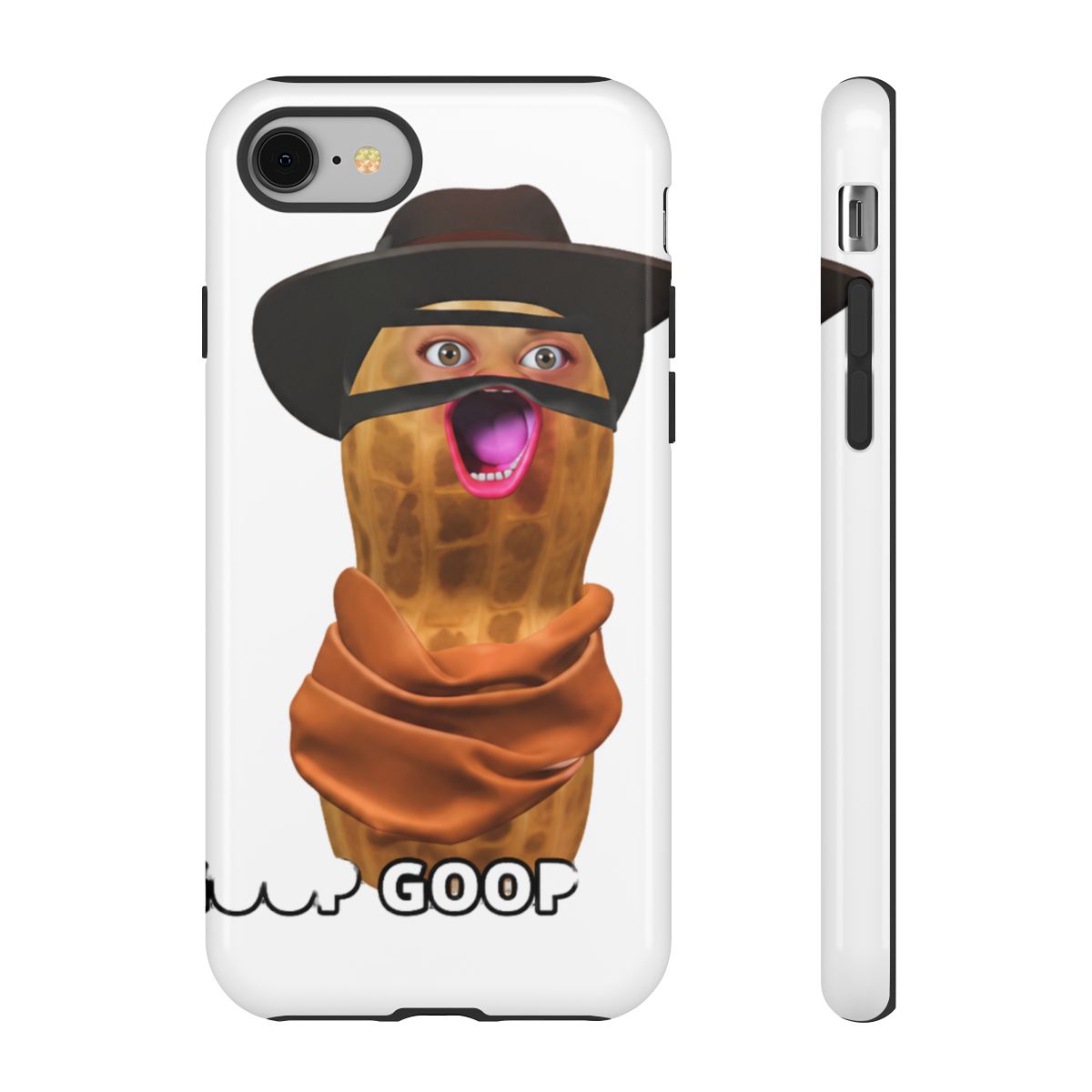 Black phone case with a cartoon peanut wearing a cowboy hat and scarf, with a surprised expression. The text "GOOP " is at the bottom. The case has a glossy finish