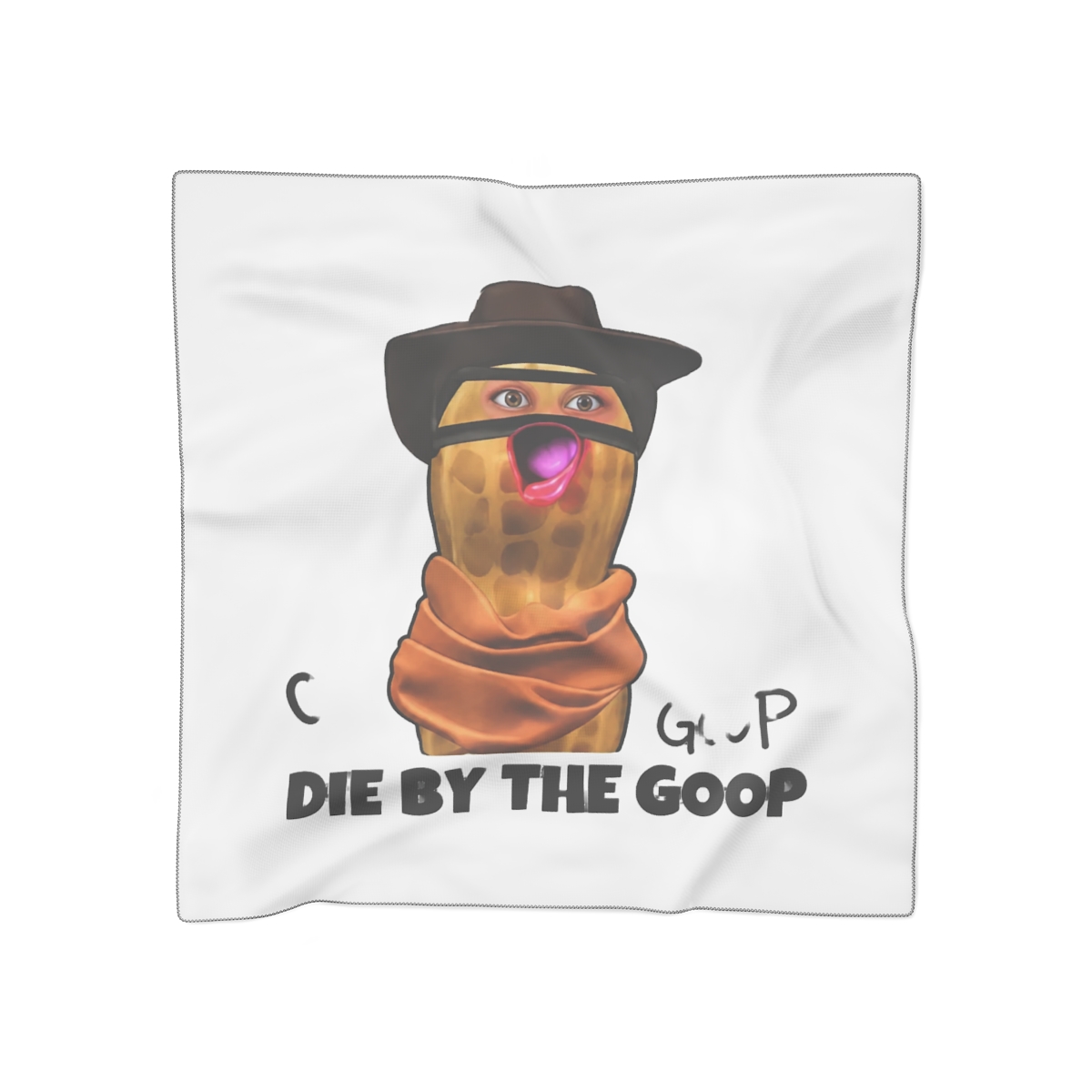 Black t-shirt with the text "LIVE BY THE GOOP DIE BY THE GOOP". The shirt features a cartoon peanut character wearing a cowboy hat and scarf. The background has the words "GOOP" and "OP GOO" repeated