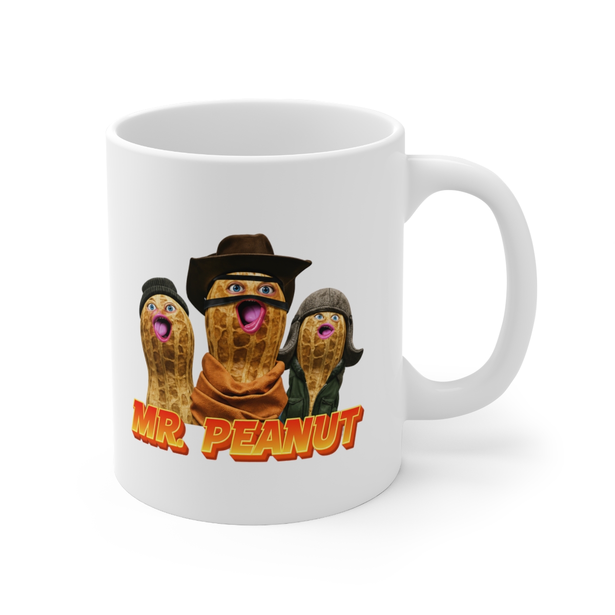 White ceramic mug with a black handle and rim. The mug features the text "BUNGULATOR" and "MR. PEANUT" in orange and yellow, along with a cartoon image of three peanuts with faces. The mug is held by...