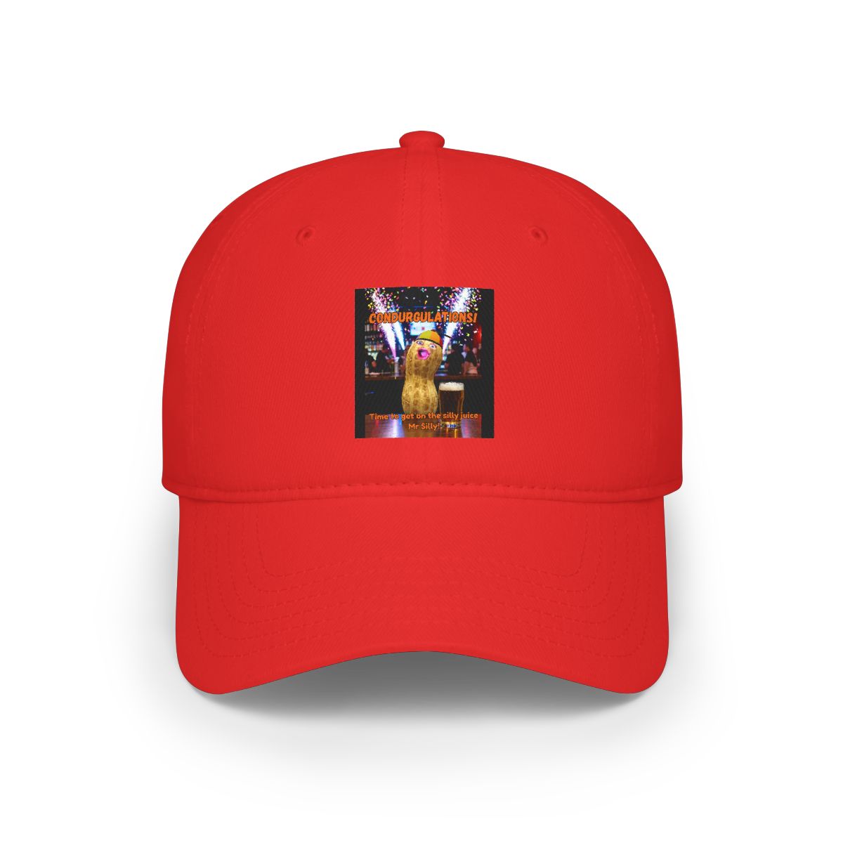 Greeting card featuring a cartoon peanut character with a hat and a pint of beer. The card says "CONDURGULATIONS!" and "Time to get on the silly juice Mr Silly!". The background shows a bar scene with...