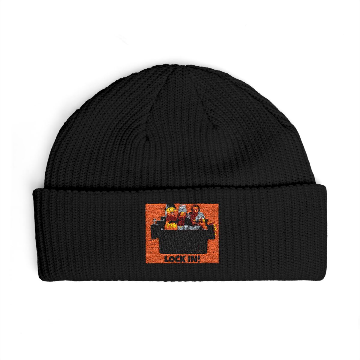 An orange canvas print with the text "TIME TO GOOP!LOCK IN!" at the bottom. The image features a cartoon peanut, a person wearing a pink beanie, and a person wearing headphones...