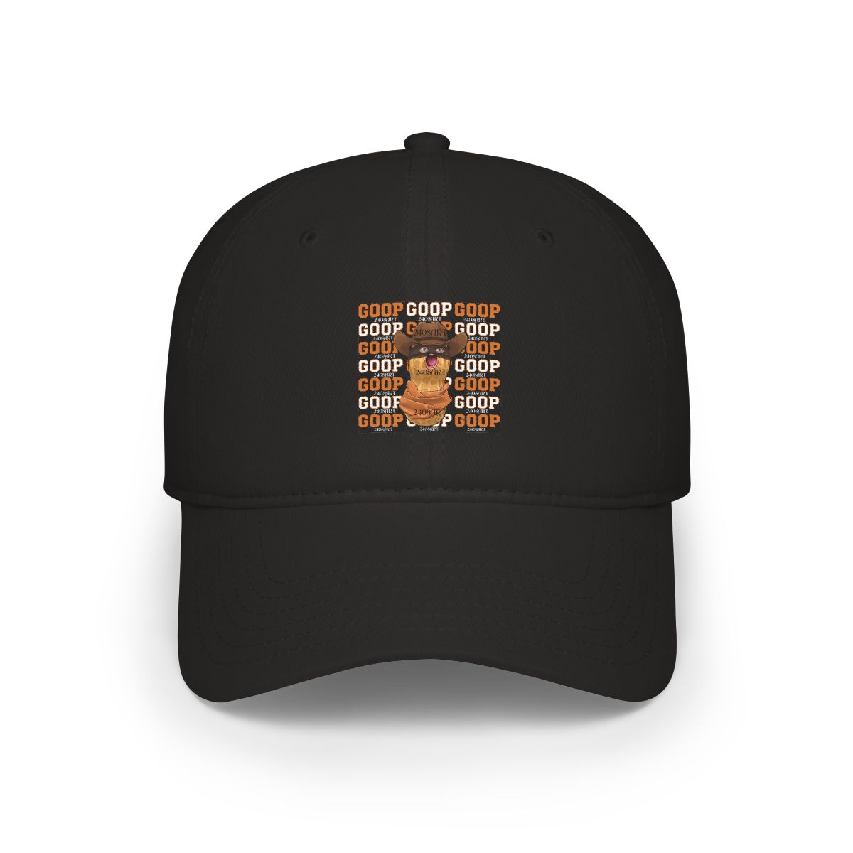 A cartoon peanut character wearing a cowboy hat, eye mask, and scarf, with the word "GOOP" repeated in orange and white. The background is black, with the text "2408ART" in white