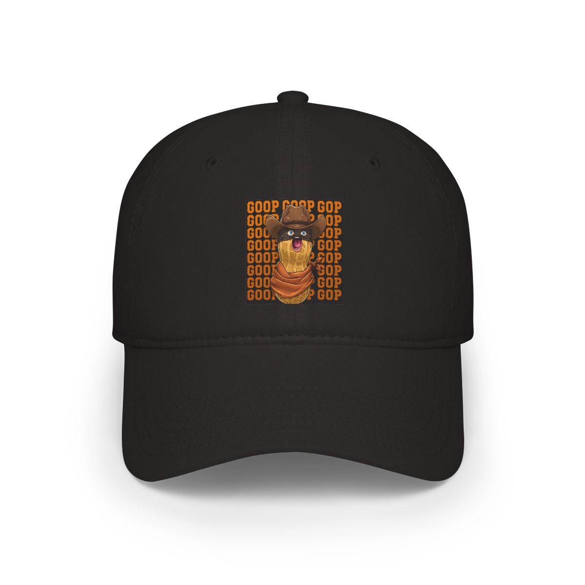A cartoon peanut character wearing a cowboy hat, eye mask, and scarf, with an open mouth. The word "GOOP" is repeated in orange text on a black background. The design is a humorous illustration