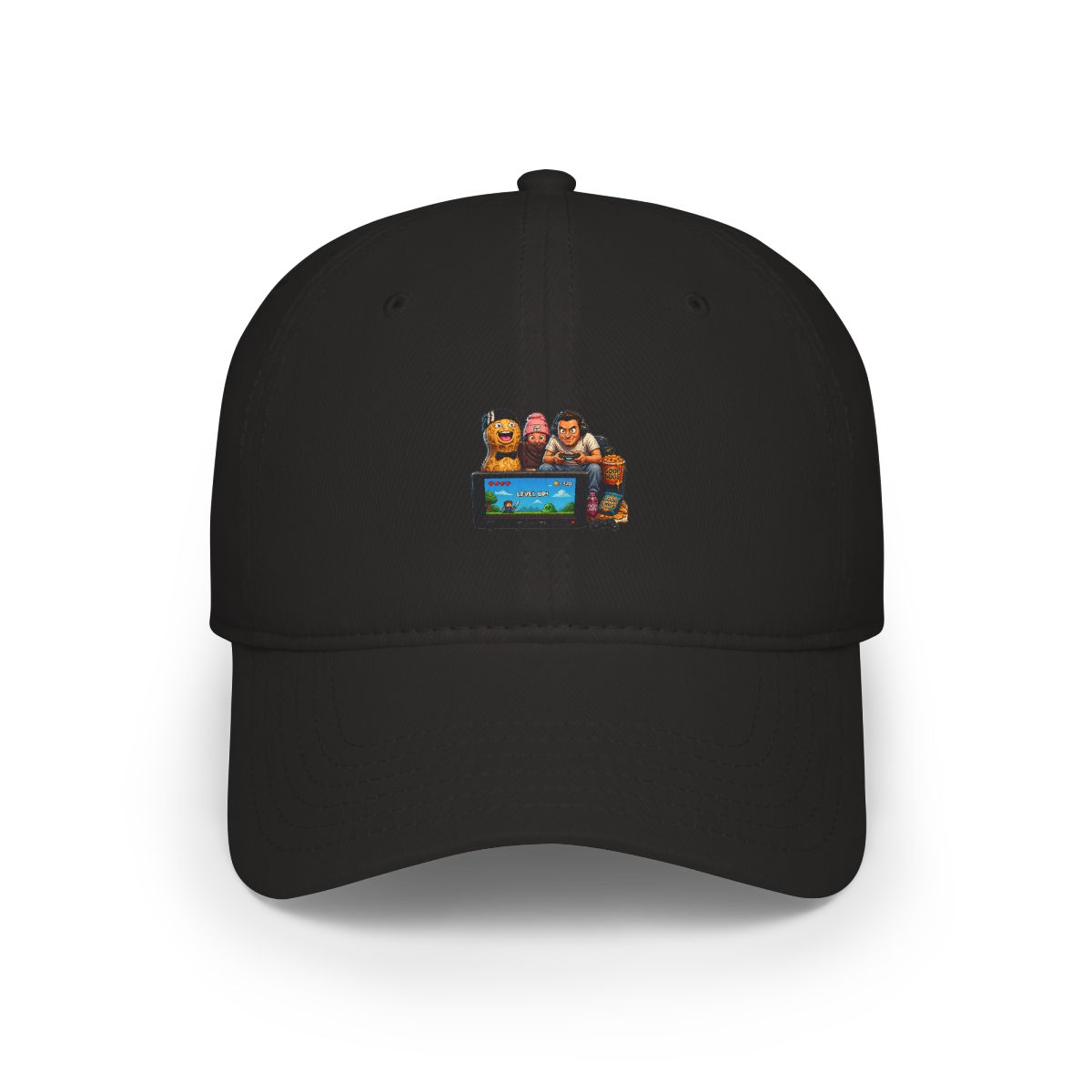A Hats with the text "TIME TO GOOP!" above and "LOCK IN!" below. The image features a person playing a video game, a person wearing a pink hat, and a peanut character. A TV screen is in the foreground