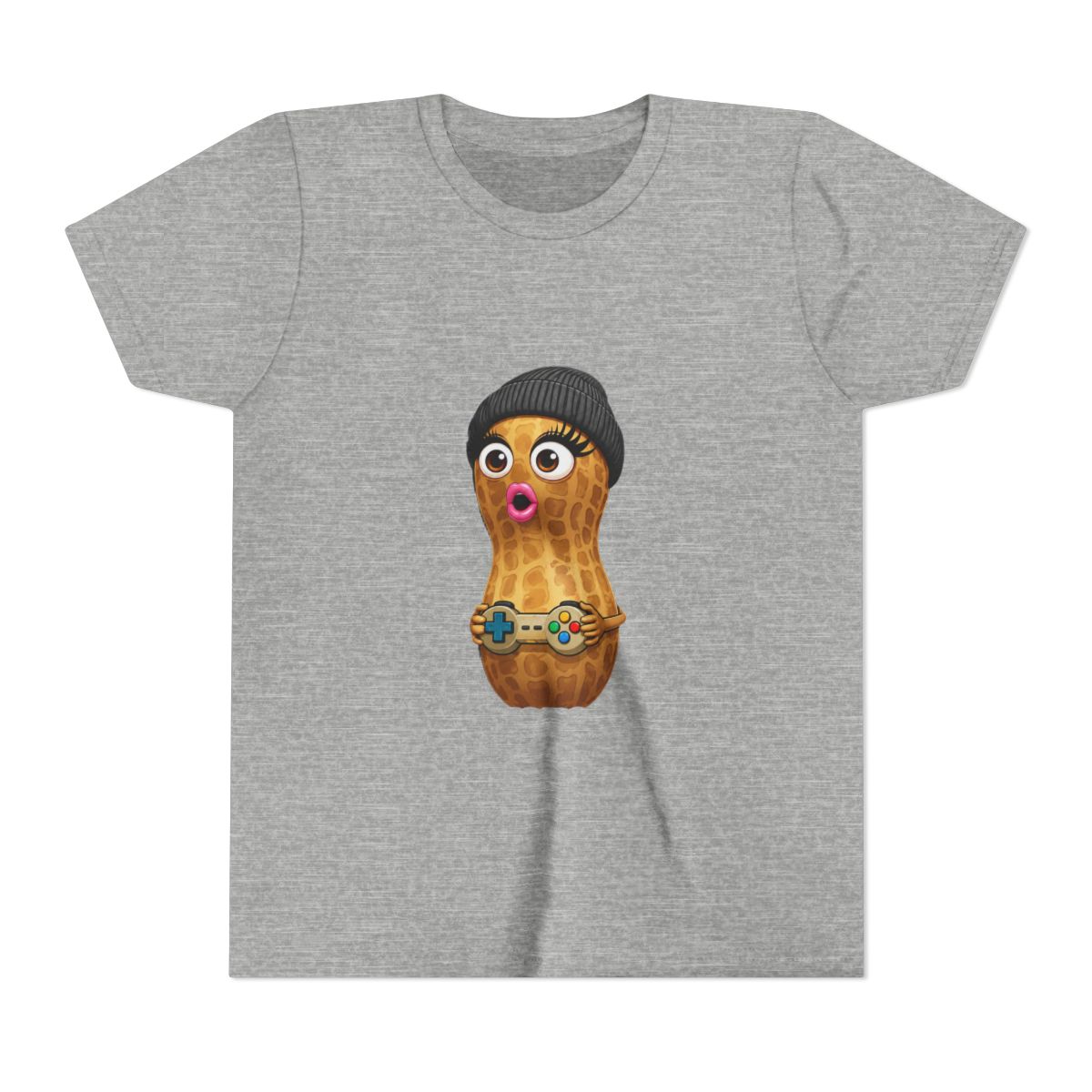 Black t-shirt with a cartoon peanut character wearing a beanie and holding a game controller. The peanut has large eyes and a surprised expression. Text on the shirt reads "Uhm.. Excuse Me?!" (Kids)
